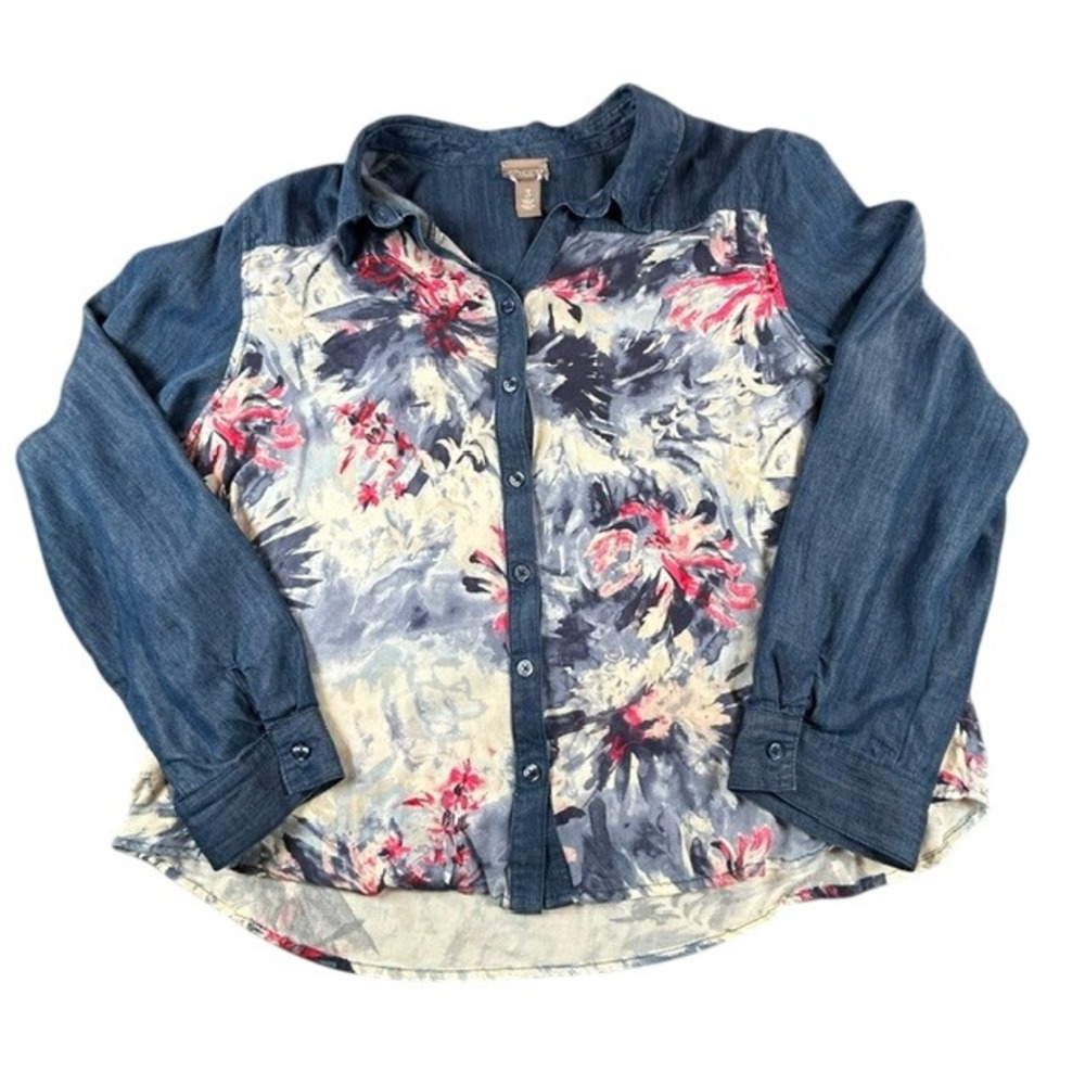Chico's Women's Blue Denim Watercolor Floral Print Button Up Shirt XL (3)